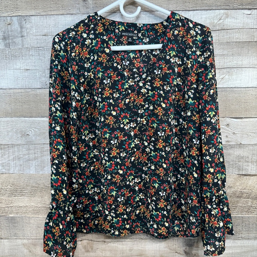 J.Crew Mercantile Womens Floral Pullover Top Blouse Black V-Neck Ruffle Cuff 10